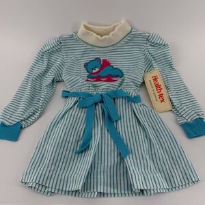 Vintage 80s 90s Health-Tex Bear on Sled Blue White Striped Dress, NWT, Girls 3T